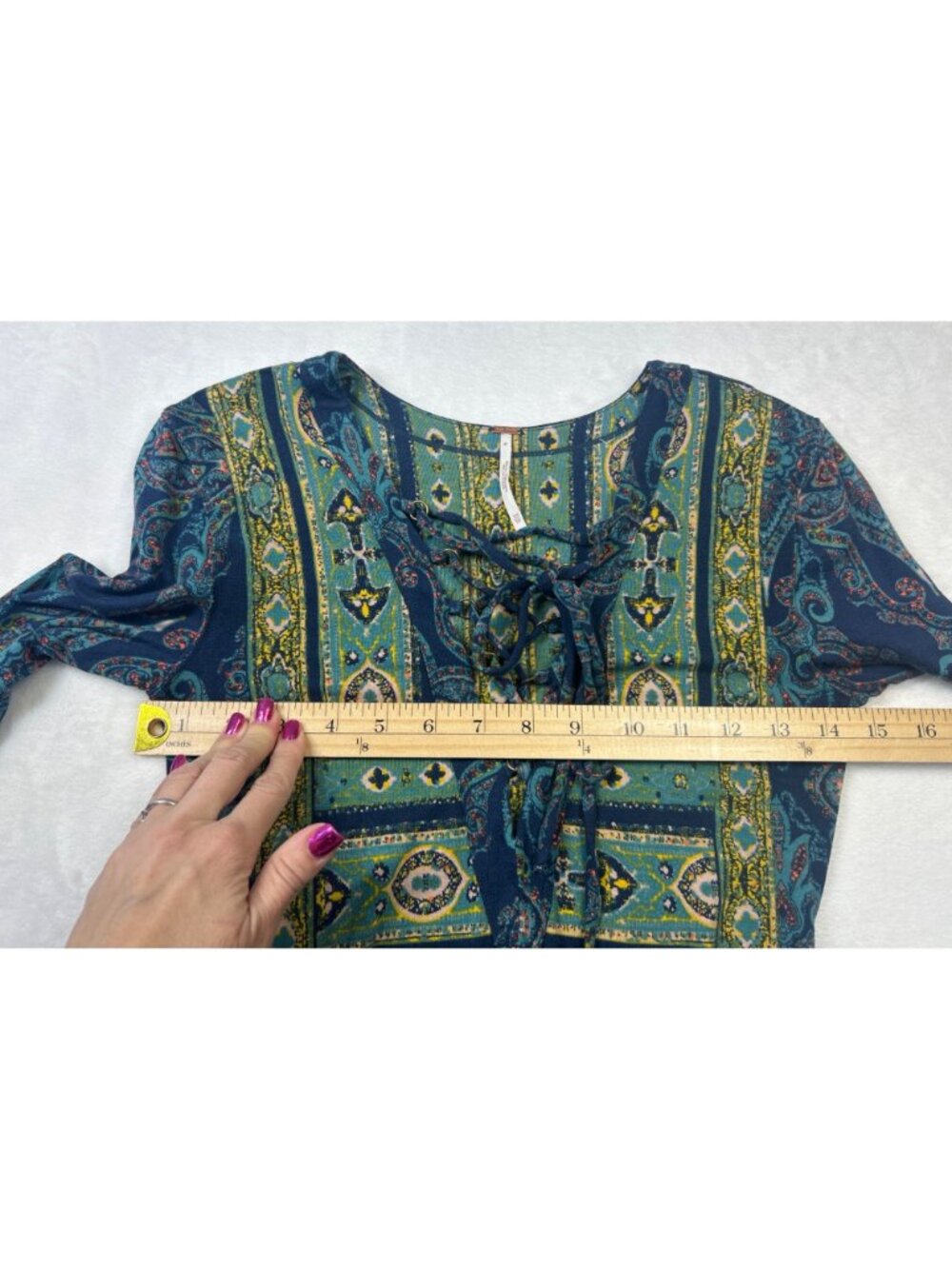 Free People Boho Lace Up Top Women's XS Paisley Long Sleeve Festival Blouse - Picture 6 of 7